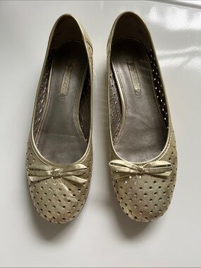 Ecco Metallic Gold Perforated Ballet Flats with Bow Accent